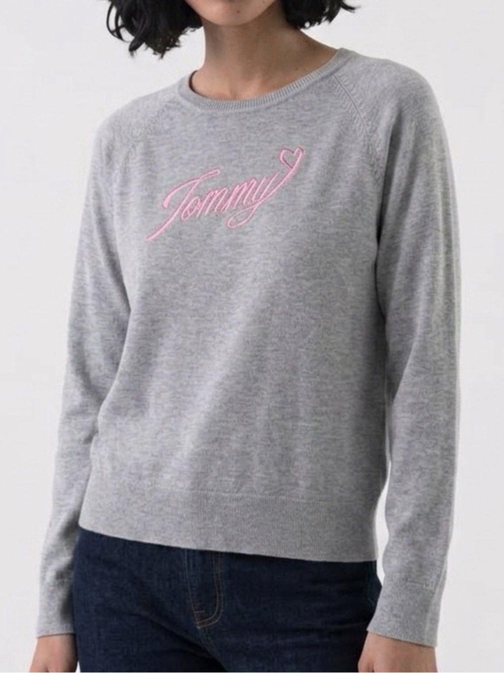 Tommy Hilfiger Women's M Gray Pink Embroidered Logo Crewneck Pullover Sweater